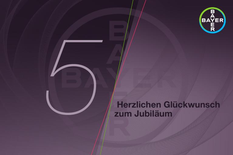 Bayer anniversary greeting card with large number 5, company logo at top right, and German text "Herzlichen Glückwunsch zum Jubiläum" on a dark background.