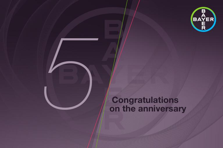 Dark purple graphic with a large "5" and the text "Congratulations on the anniversary." Bayer logo in the top right corner.