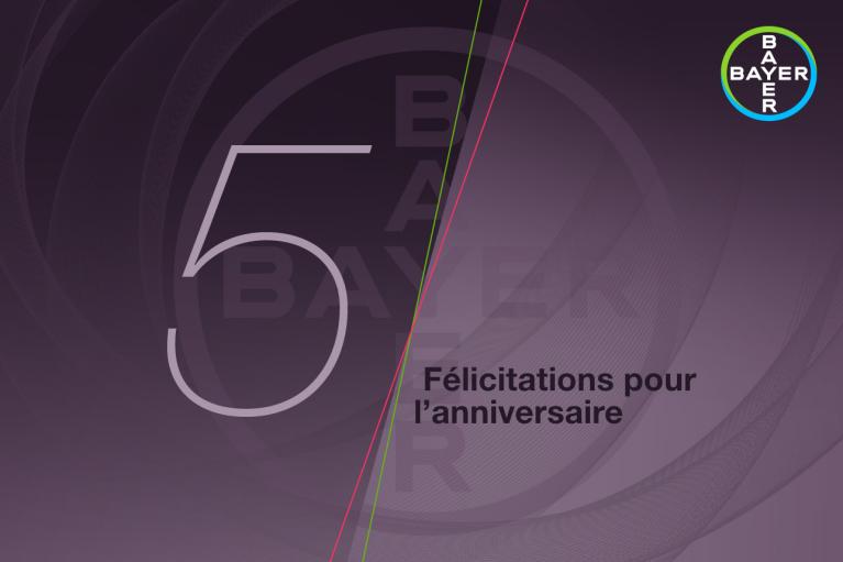 Graphic with the number 5, Bayer logo, and French text "Félicitations pour l'anniversaire" on a dark background.