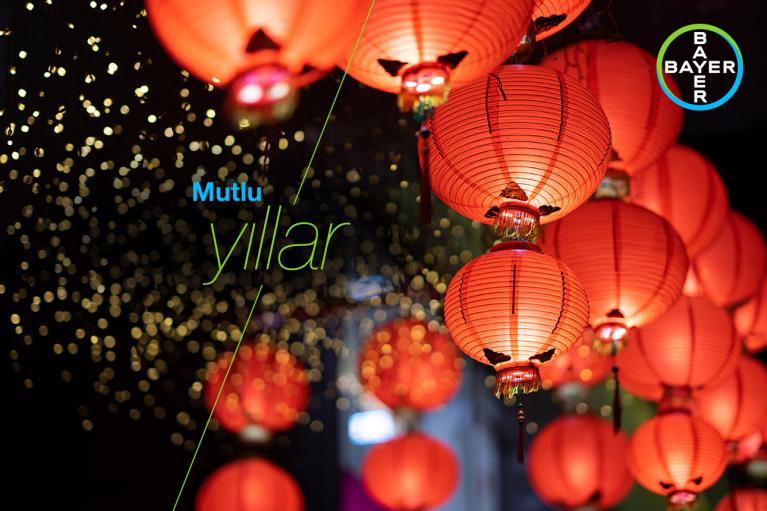 Red lanterns are hanging with glowing lights in the background. Turkish text "Mutlu yıllar" and Bayer logo are visible.