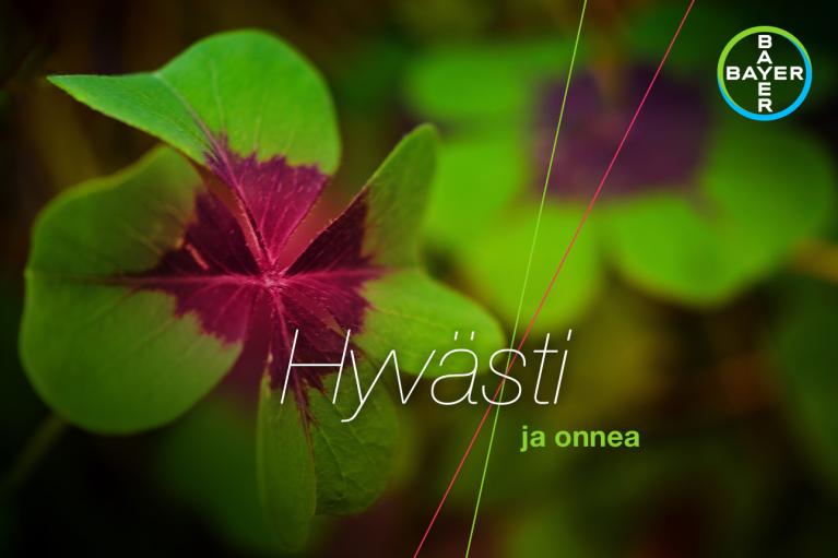A close-up of a green and purple four-leaf clover, with the words "Hyvästi ja onnea" and the Bayer logo in the top right corner.