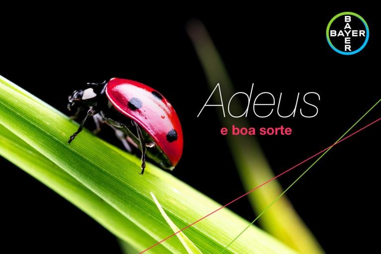 A ladybug on a green leaf with the Bayer logo and Portuguese text "Adeus e boa sorte" on a black background.