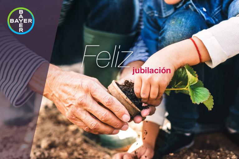 A child and an adult planting a seedling in a small pot. The text "Feliz jubilación" is visible, with a Bayer logo in the corner.