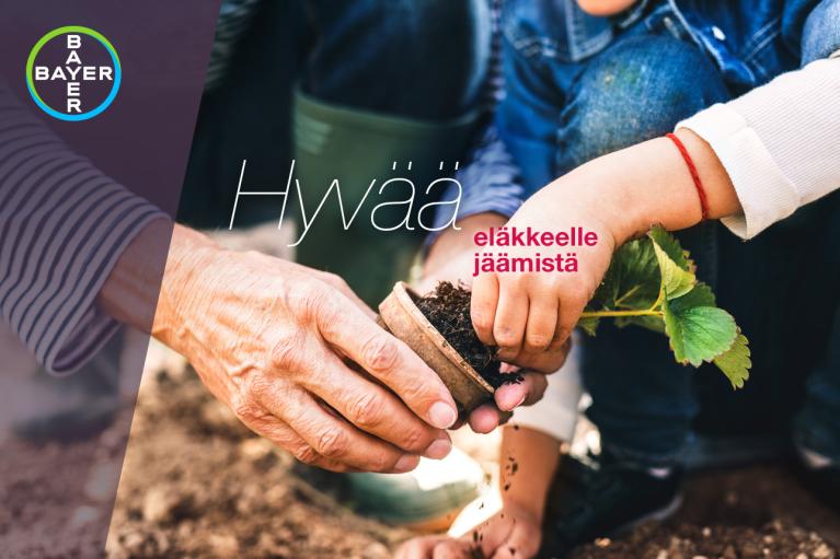 A child and an adult planting a small plant together in a pot. The text reads "Hyvää eläkkeelle jäämistä" and a Bayer logo is in the top left corner.