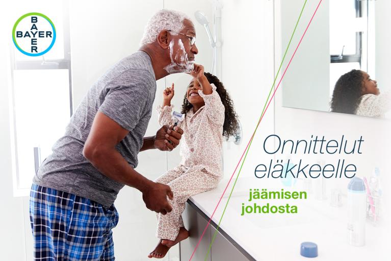 An older man shaving in the bathroom while a young girl in pajamas smiles and holds a toothbrush. Finnish text on the right. Bayer logo in the corner.