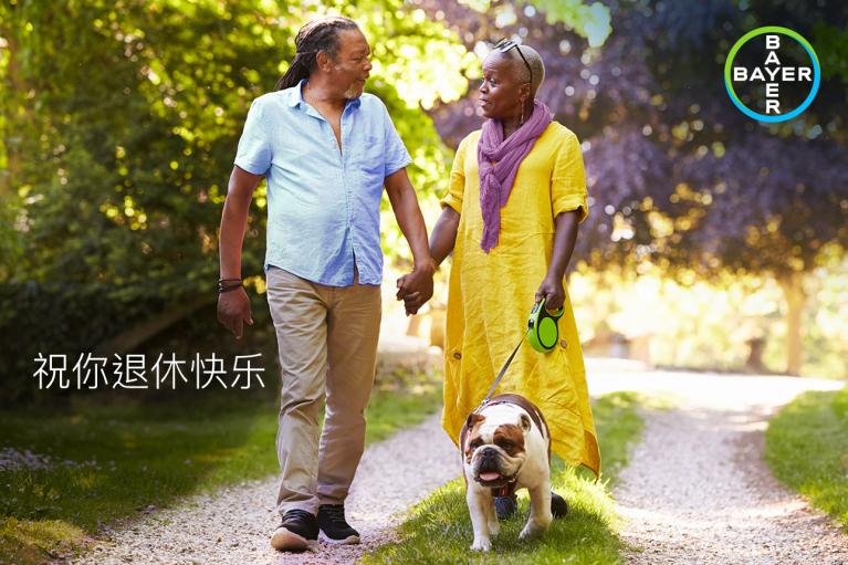 A couple walks a bulldog on a sunny path, both looking at each other. Text on the image reads "祝你退休快乐," and a Bayer logo is visible.