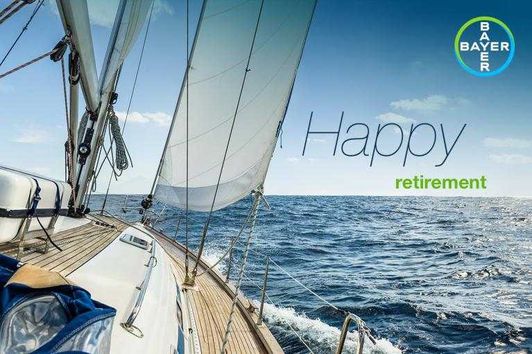 Sailboat on open water with "Happy retirement" text and Bayer logo.