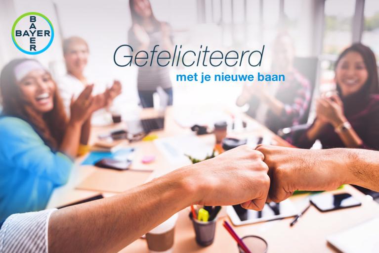 Two people fist-bumping in an office setting, with colleagues applauding in the background. Text reads "Gefeliciteerd met je nieuwe baan" and "Bayer" logo is visible.
