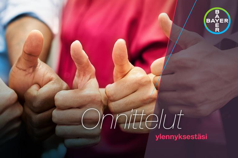 Several people giving thumbs up. Text reads, "Onnittelut ylennyksestäsi," with a Bayer logo in the corner.
