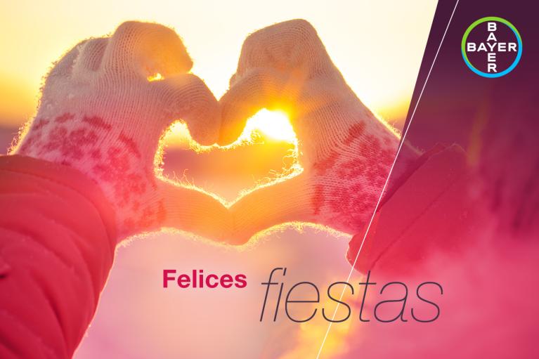 Felices  fiestas, Hands in gloves form heart in front of sunset