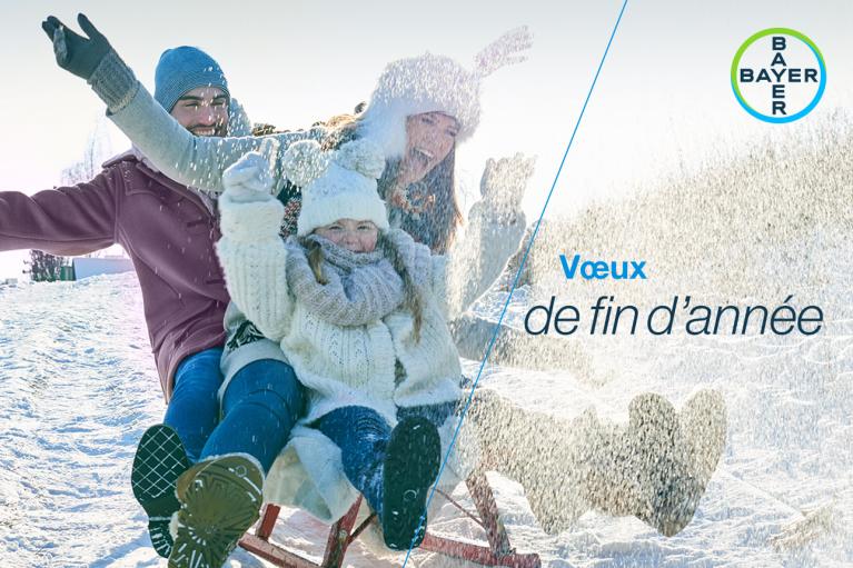 Vœux de fin d’année, Father, mother and child on a sled in the snow