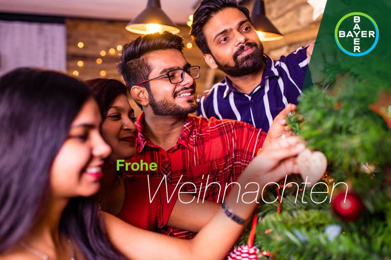 Frohe Weihnachten, Group of people decorate a Christmas tree