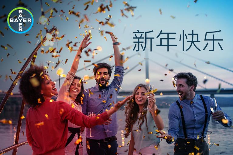 新年快乐, Group of people throwing confetti in front of bridge