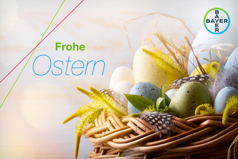 Frohe Ostern, Basket with colorful eggs