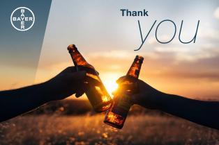 Two hands clinking amber beer bottles against a sunset backdrop. The words "Thank you" appear in the sky above. Bayer logo is in the top left corner.