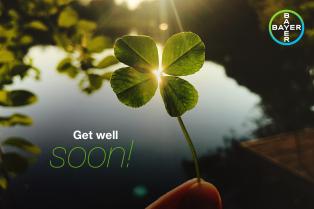 A hand holds a four-leaf clover against a backdrop of a lake with sunlight. The text reads, "Get well soon!" The Bayer logo is in the top right corner.