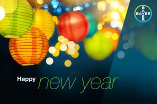 Colorful lanterns with bokeh lights and "Happy New Year" text; Bayer logo in the top right corner.
