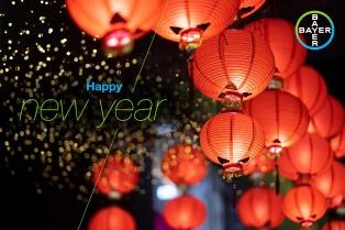 Red lanterns are hanging against a backdrop of lights, with "Happy new year" text on the side and the Bayer logo in the corner.