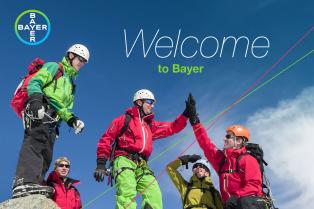 Five people in climbing gear high-five on a mountain peak under a blue sky, with the Bayer logo and text "Welcome to Bayer.