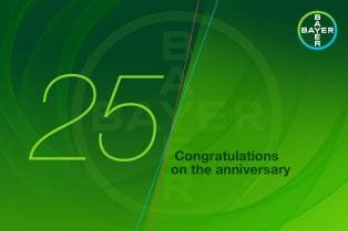 Green background with "25" and "Congratulations on the anniversary" written in bold text. Bayer logo is visible in the corner.
