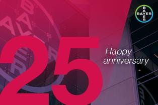Red and pink graphic with the number "25" and the words "Happy anniversary." Bayer logo in the top right corner.