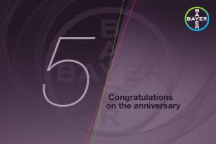 Dark purple graphic with a large "5" and the text "Congratulations on the anniversary." Bayer logo in the top right corner.