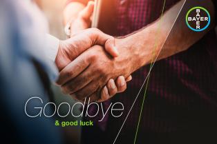 Two people shaking hands with the text "Goodbye & good luck" and the Bayer logo in the corner.