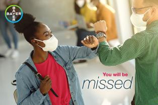 Two people wearing masks bump elbows in a farewell gesture. The Bayer logo is visible, with the words "You will be missed" in the foreground.