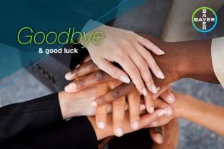 A group of diverse hands stacked together, showing unity. Text reads "Goodbye & good luck." The Bayer logo is in the top right corner.