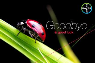 A red ladybug with black spots on a green plant, with the text "Goodbye & good luck" and the Bayer logo.