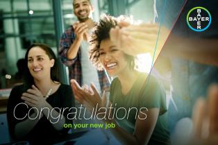 A group of people smiling and applauding with "Congratulations on your new job" text overlaid. Bayer logo in the corner.