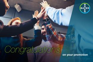 A group of people high-fiving indoors beneath a banner that reads "Congratulations on your promotion" with the Bayer logo.